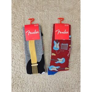 Fender Guitar Crew Socks 2 Pair Set Mens US 7-12 Grey Red Music Graphic New